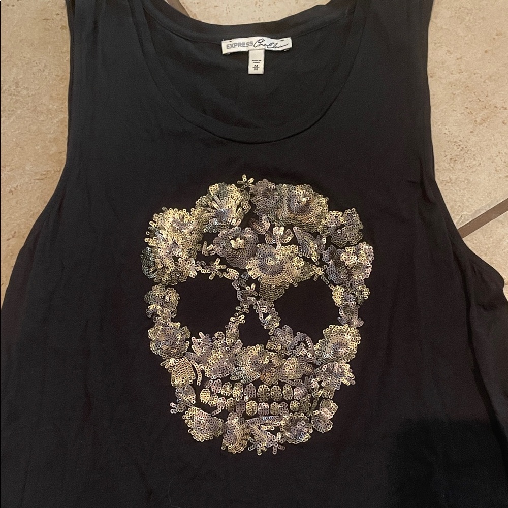 Express Black Tank with Gold Floral Skull